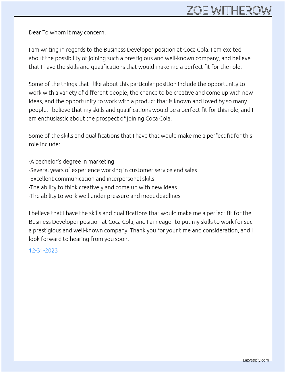 Business Developer At Coca Cola Cover Letter