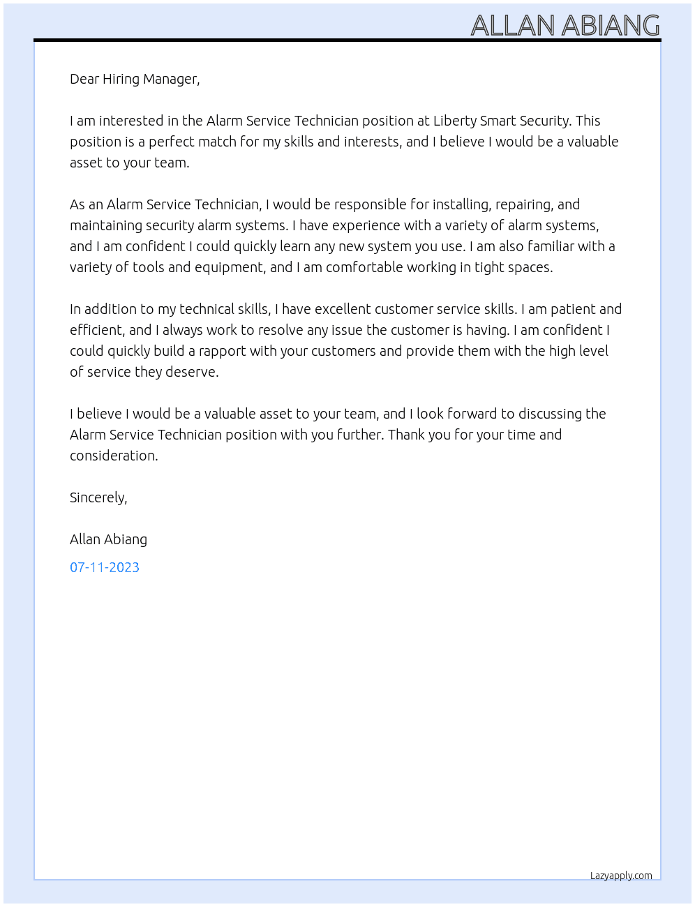 Alarm Service Technician At Liberty Smart Security Cover Letter