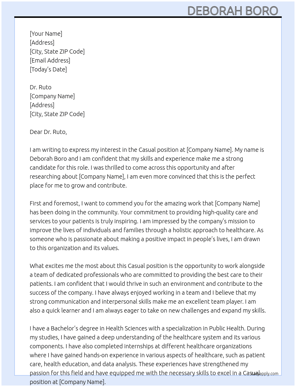 Casual At Dr Ruto Cover Letter
