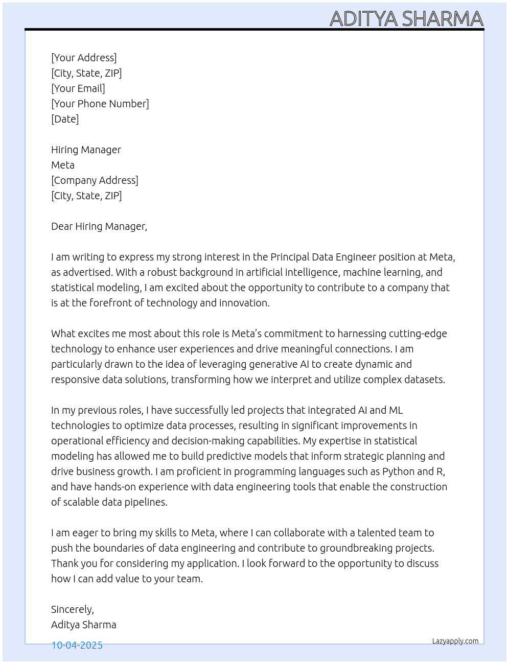 Cover letter for principal data engineer - LazyApply