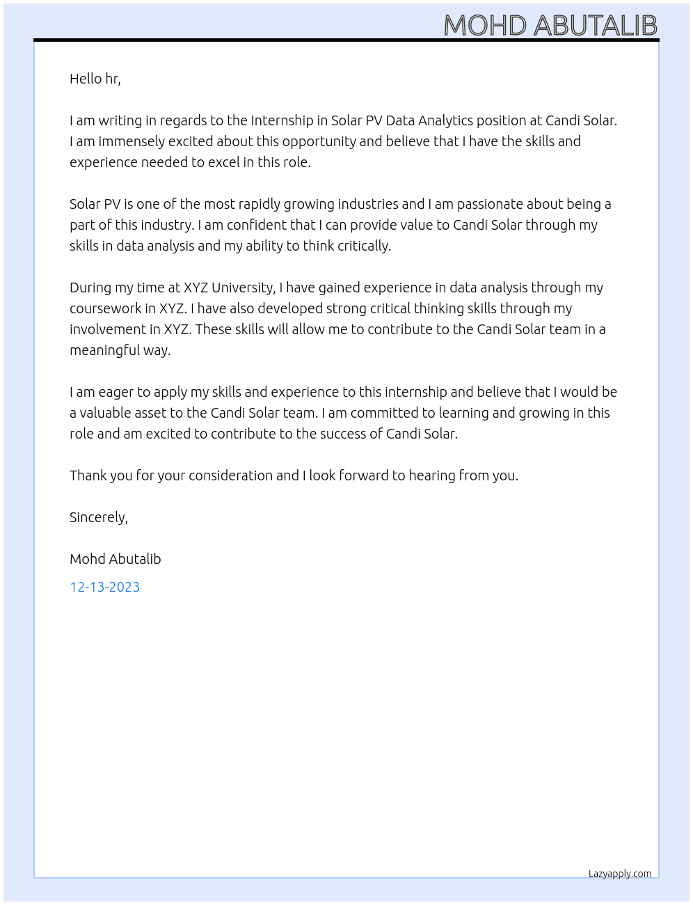 Internship in Solar PV Data Analytics At Candi Solar Cover Letter