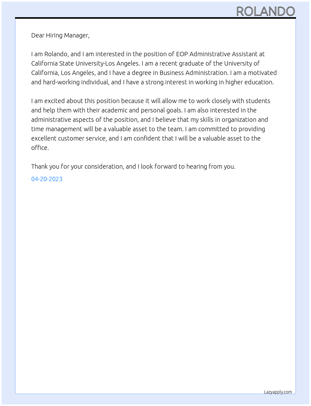 EOP Adminstrative Assistant At California State University-Los Angeles Cover Letter