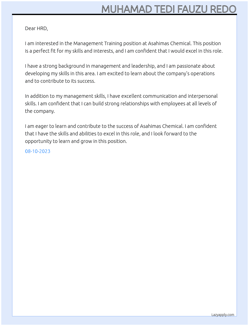 Management Training At Asahimas Chemical Cover Letter