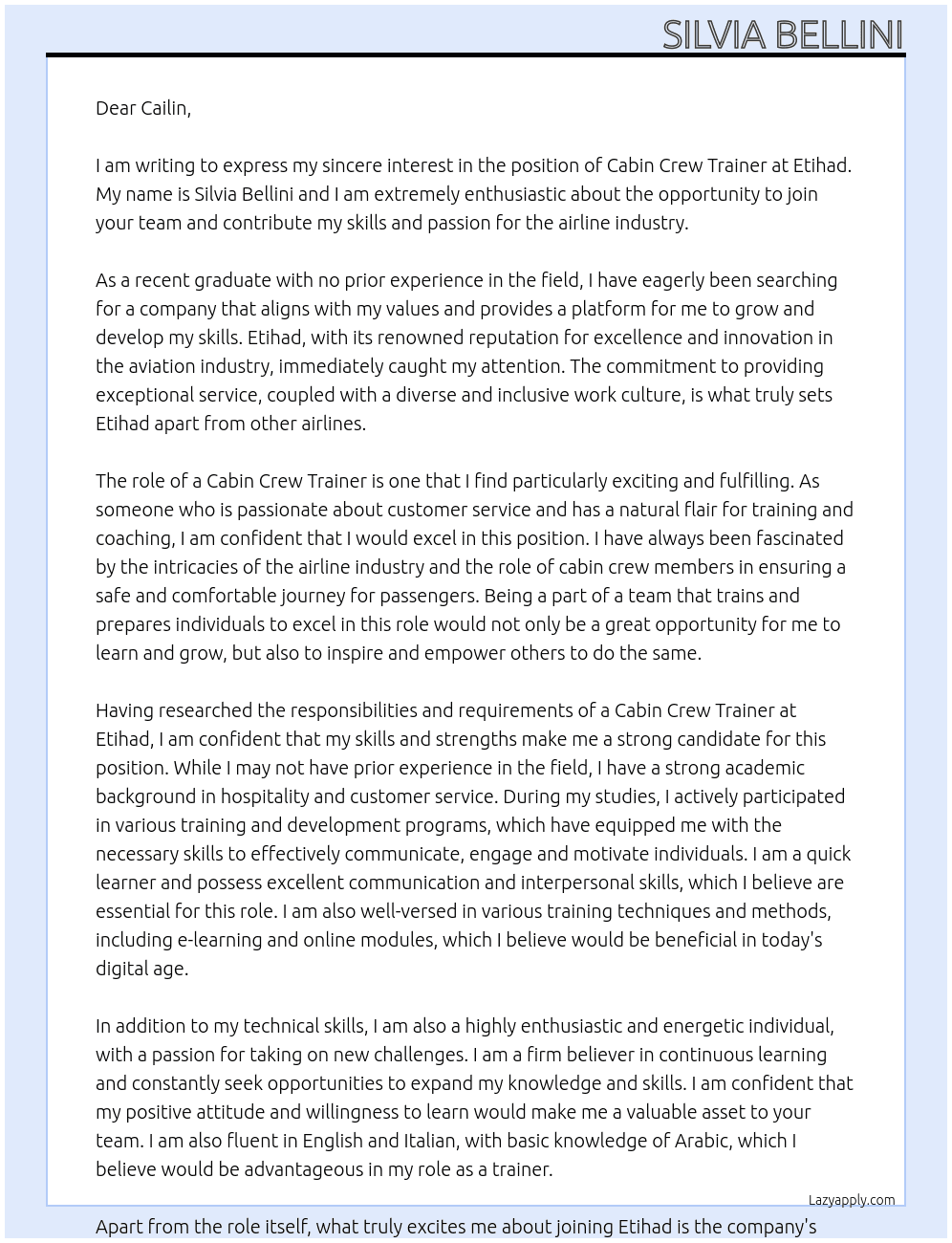 cabin crew trainer At etihad  Cover Letter