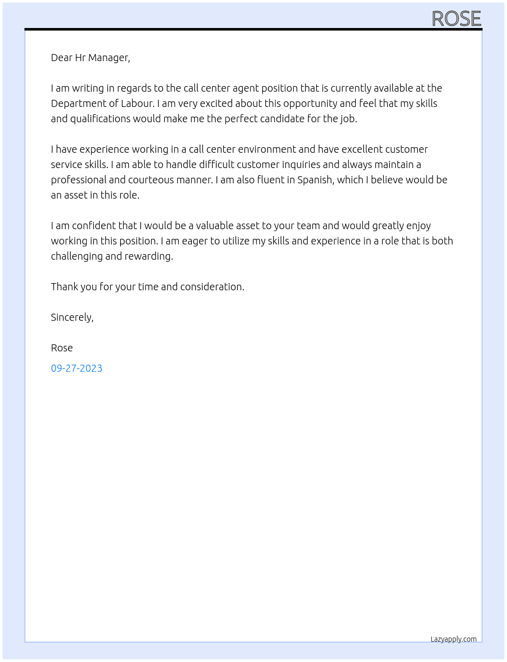 Call center Agent At Department of Labour Cover Letter