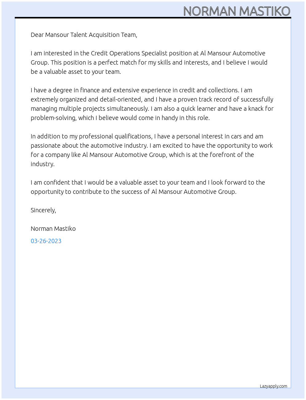 Credit Operations Specialist At Al Mansour Automotive Group Cover Letter
