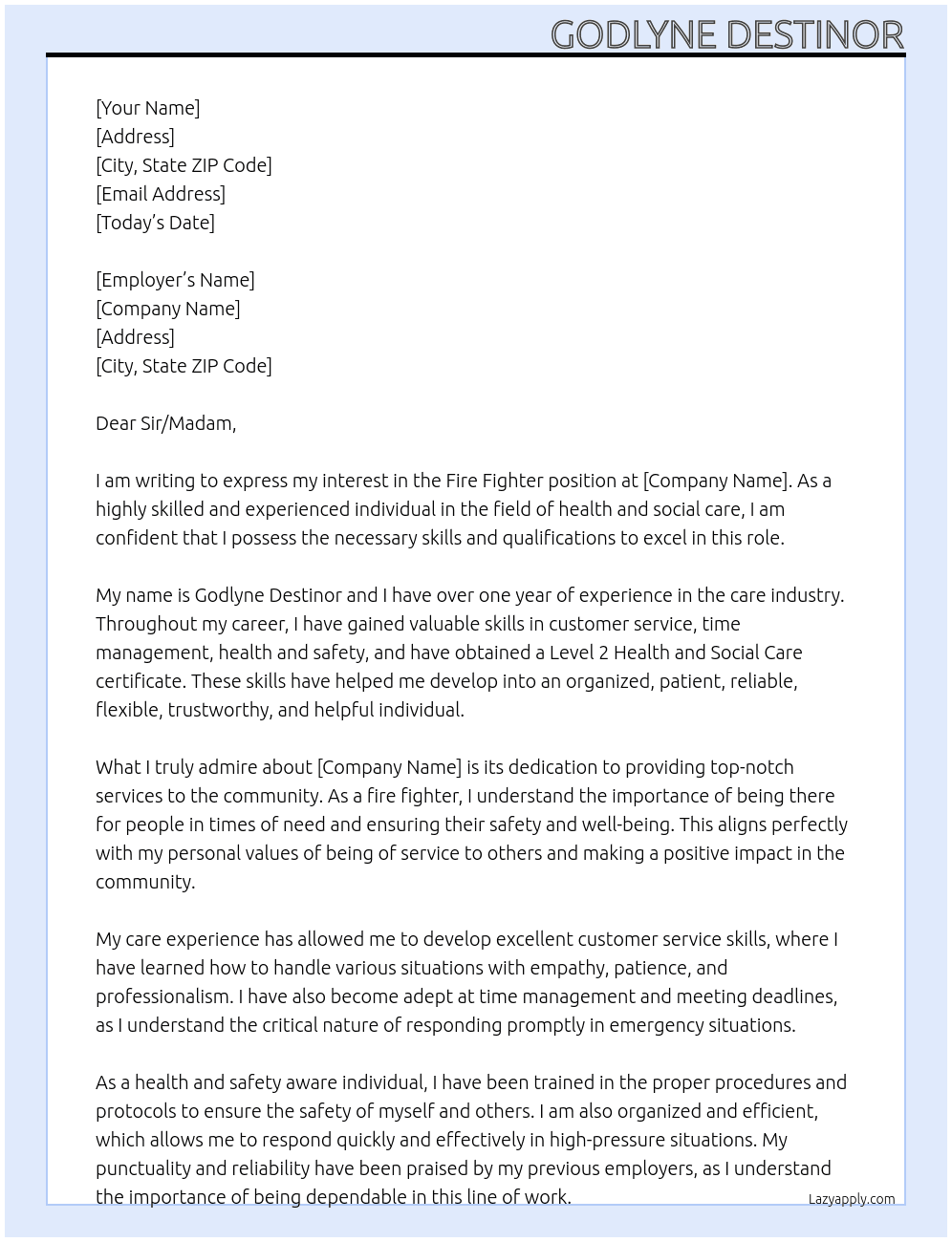 Fire fighter At Fire fighter Cover Letter