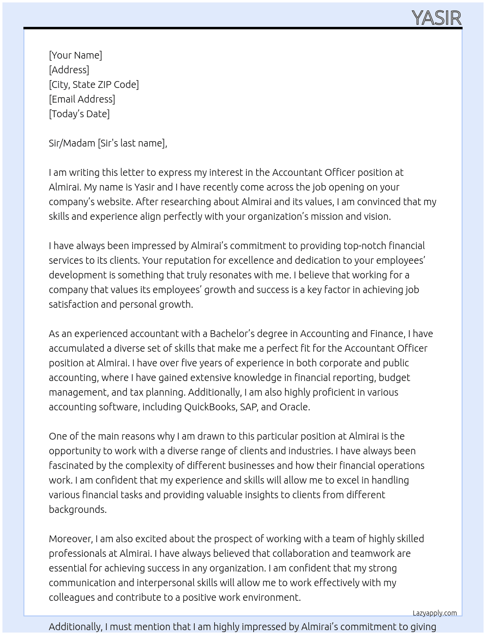 Cover letter for accountant officer - LazyApply