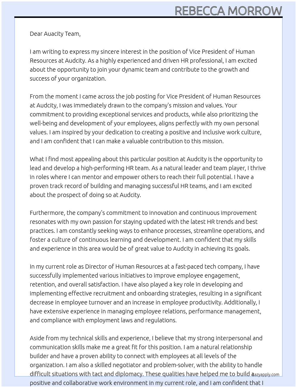 Vice President of Human Resources At Audcity Cover Letter