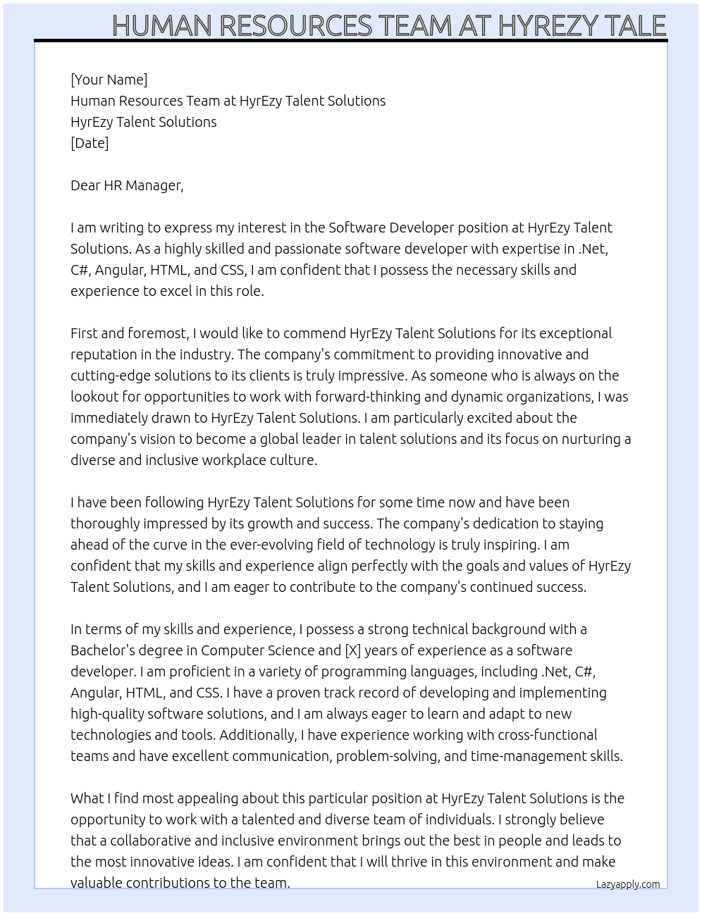 Software developer  At HyrEzy Talent Solutions  Cover Letter