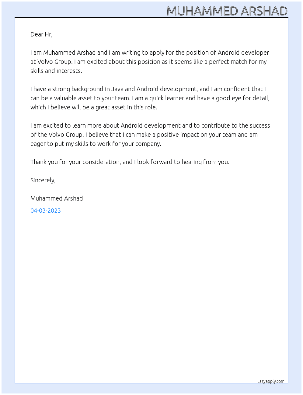 Android developer At Volvo Group Cover Letter