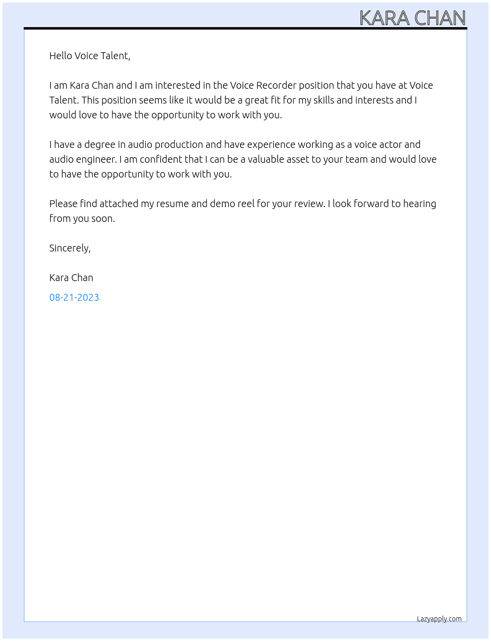 Voice Recorder At Voice Talent Cover Letter