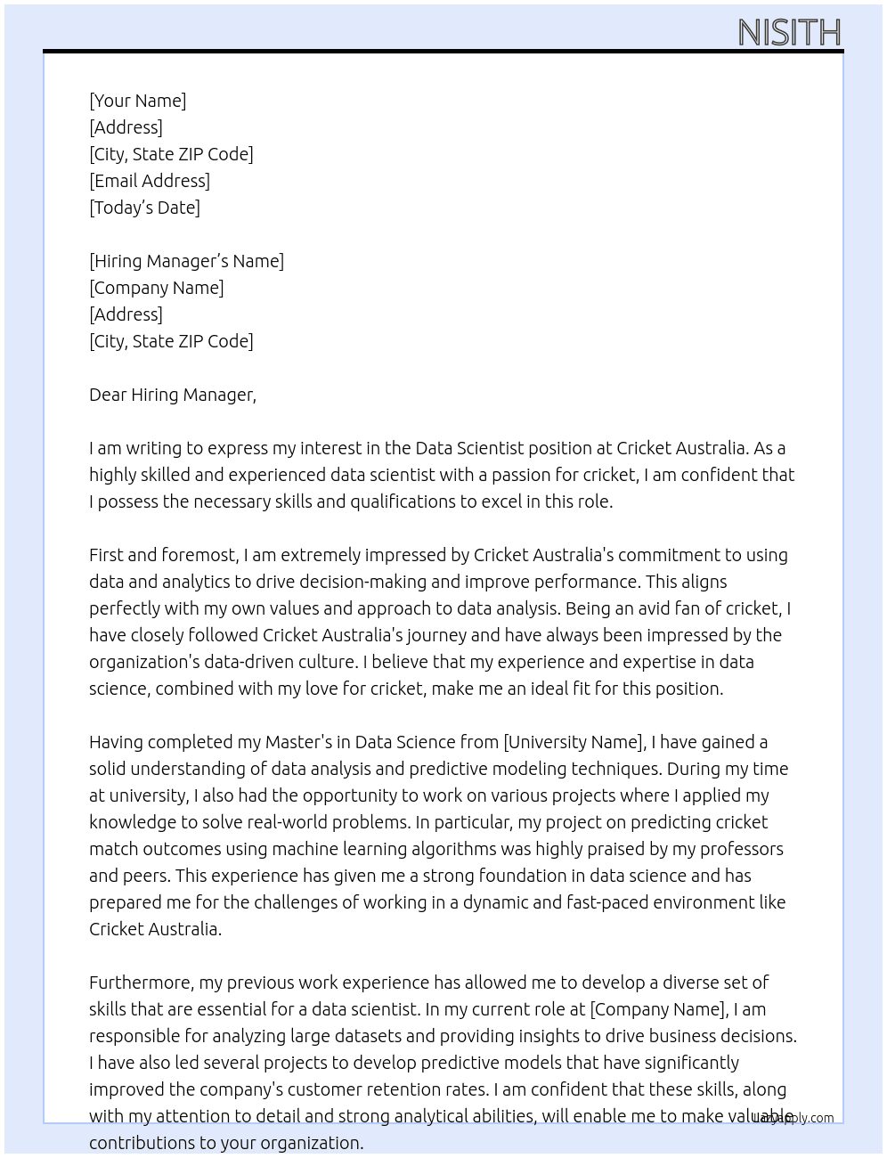 Data Scientist At Cricket Australia Cover Letter