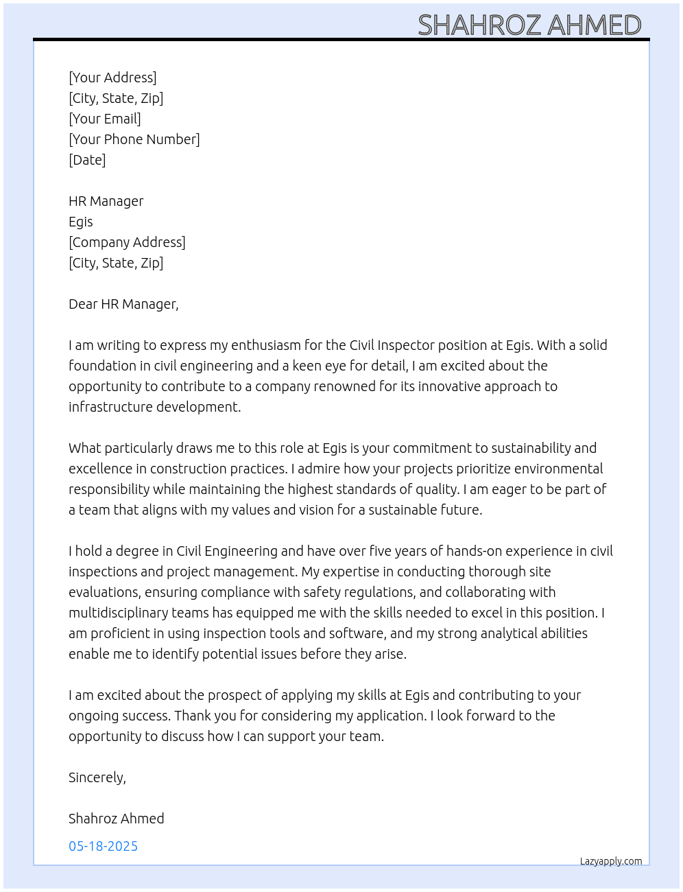 Cover letter for civil inspector - LazyApply