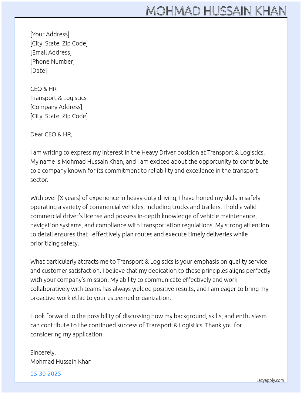 Heavy driver At Transport & logistics  Cover Letter