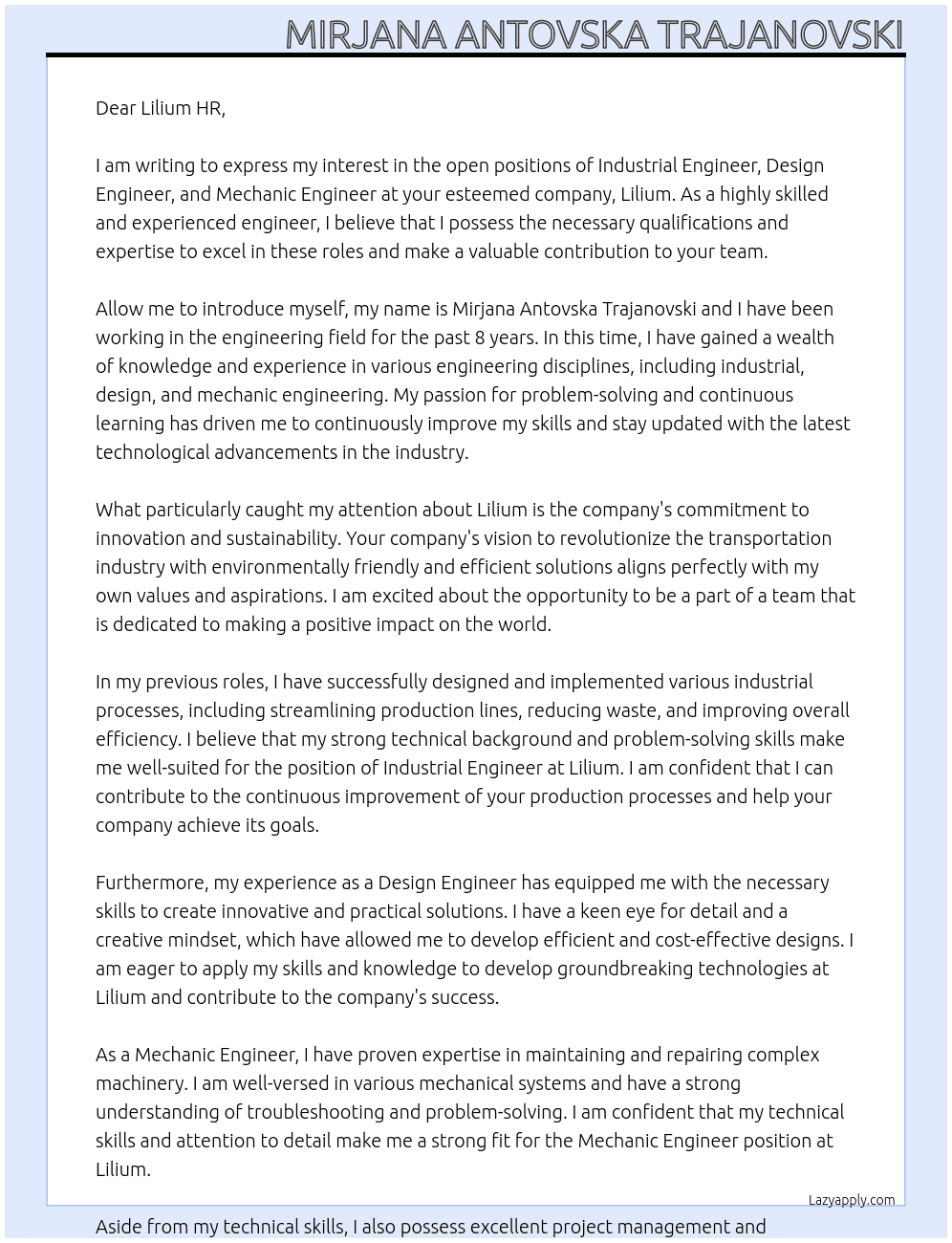 Industrial Engineer, Design Engineer, Mechanic Engineer At Lilium Cover Letter