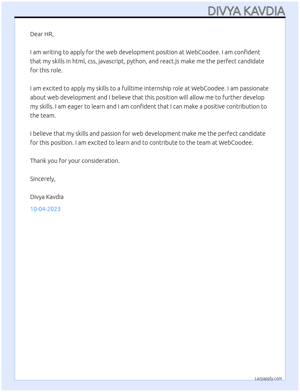 web development  At WebCoodee Cover Letter