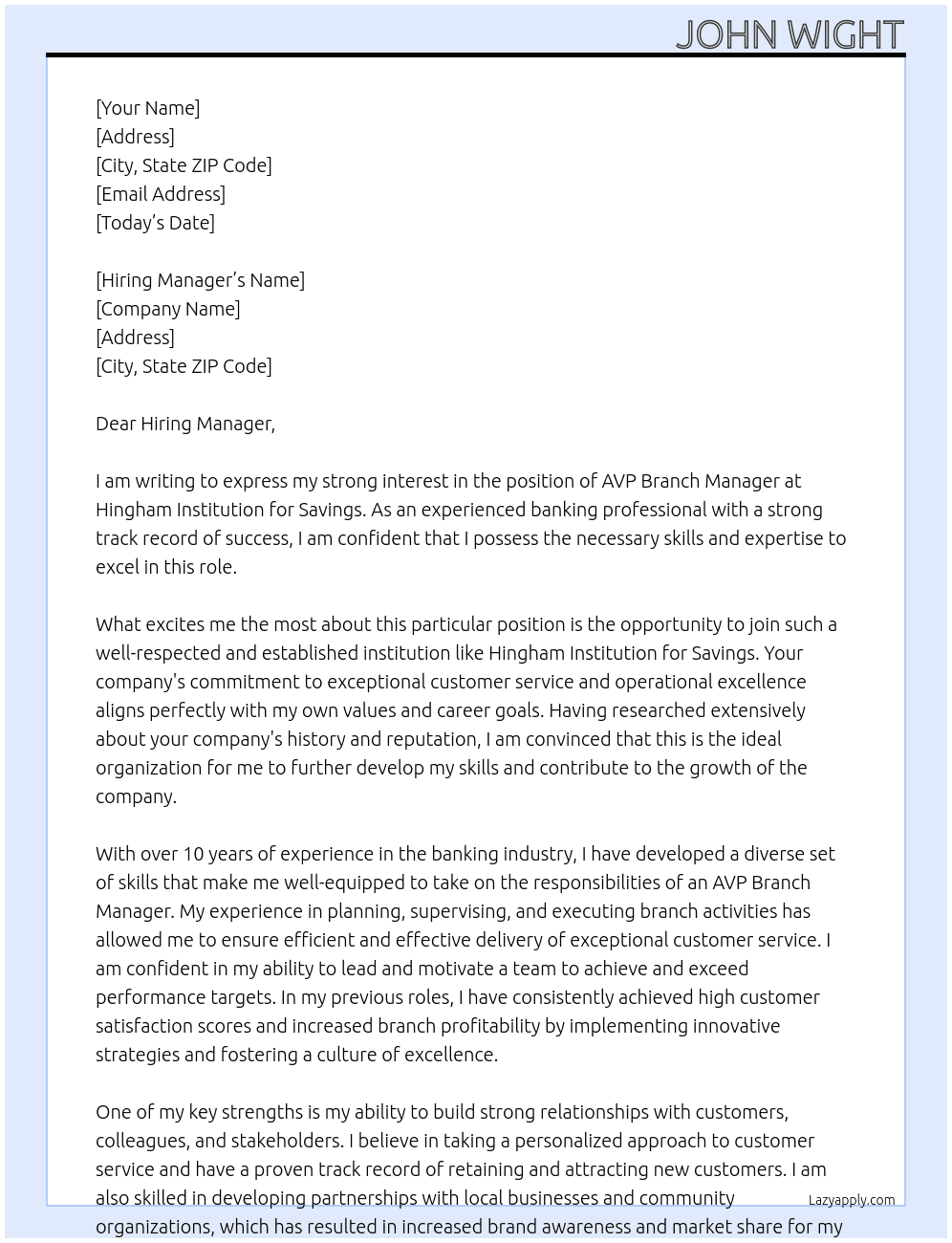 AVP Branch Manager At Hingham Institution for Savings Cover Letter