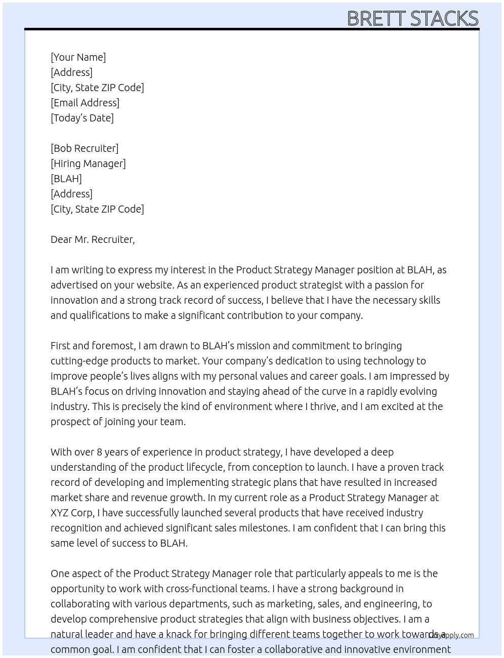 Product Strategy Manager At BLAH Cover Letter