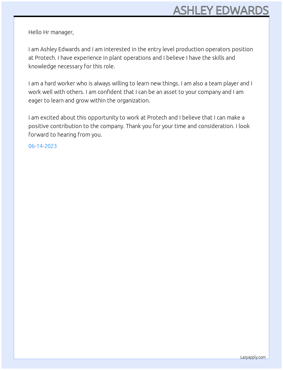 Entry level production operators  At Protech Cover Letter