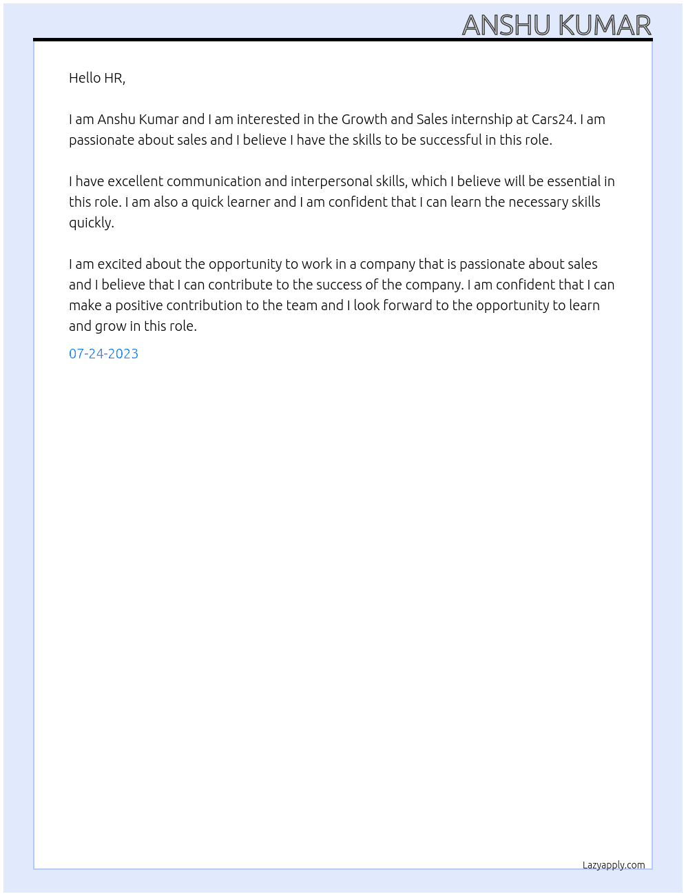 Growth and Sales internship At Cars24 Cover Letter