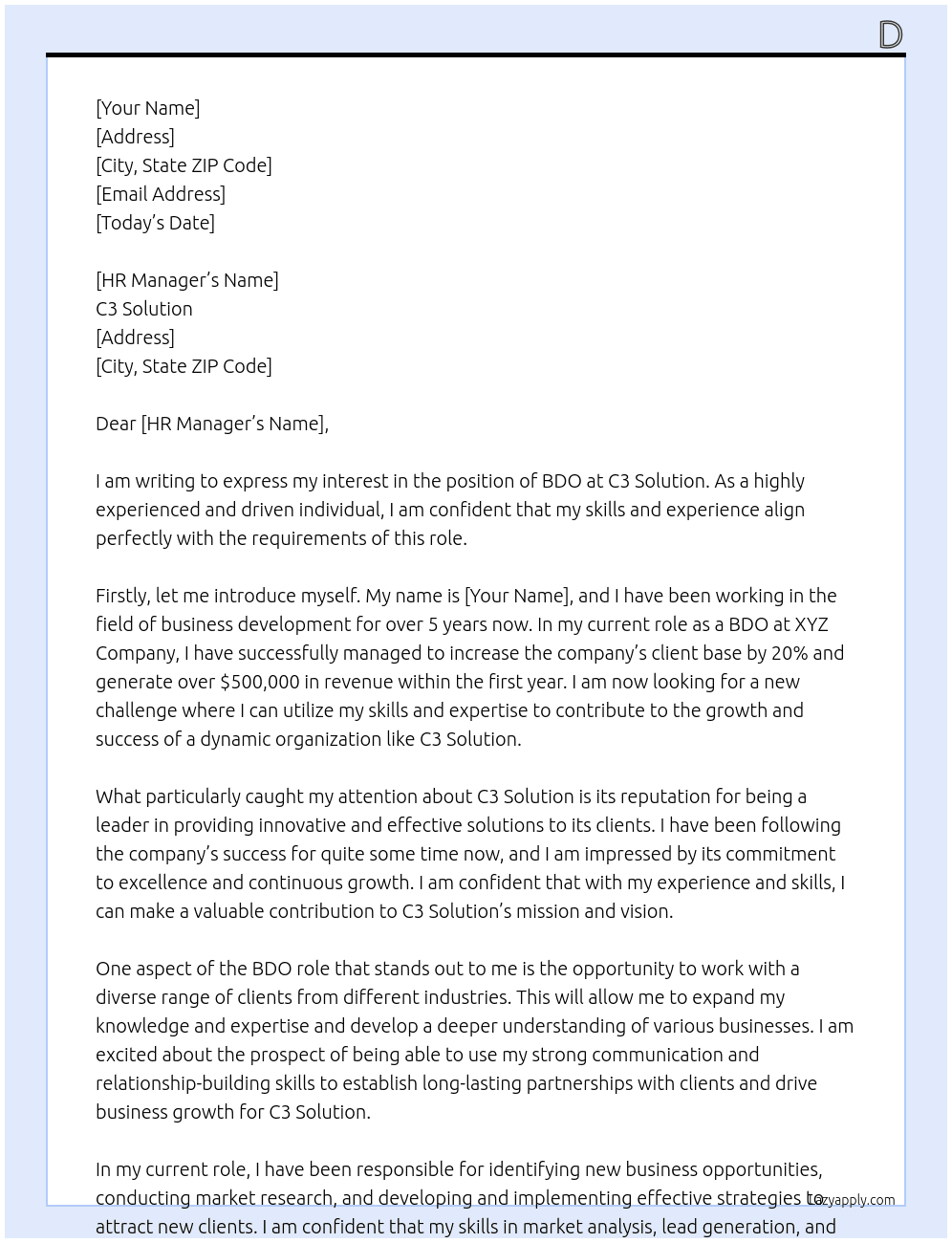 BDO At C3 solution Cover Letter