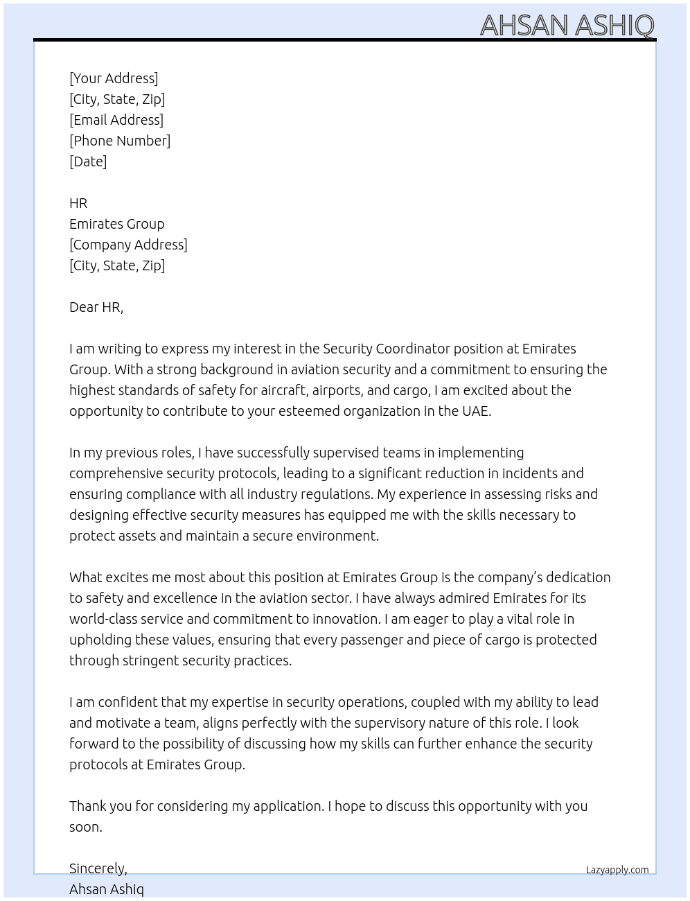 Security coordinator  At emirates group Cover Letter
