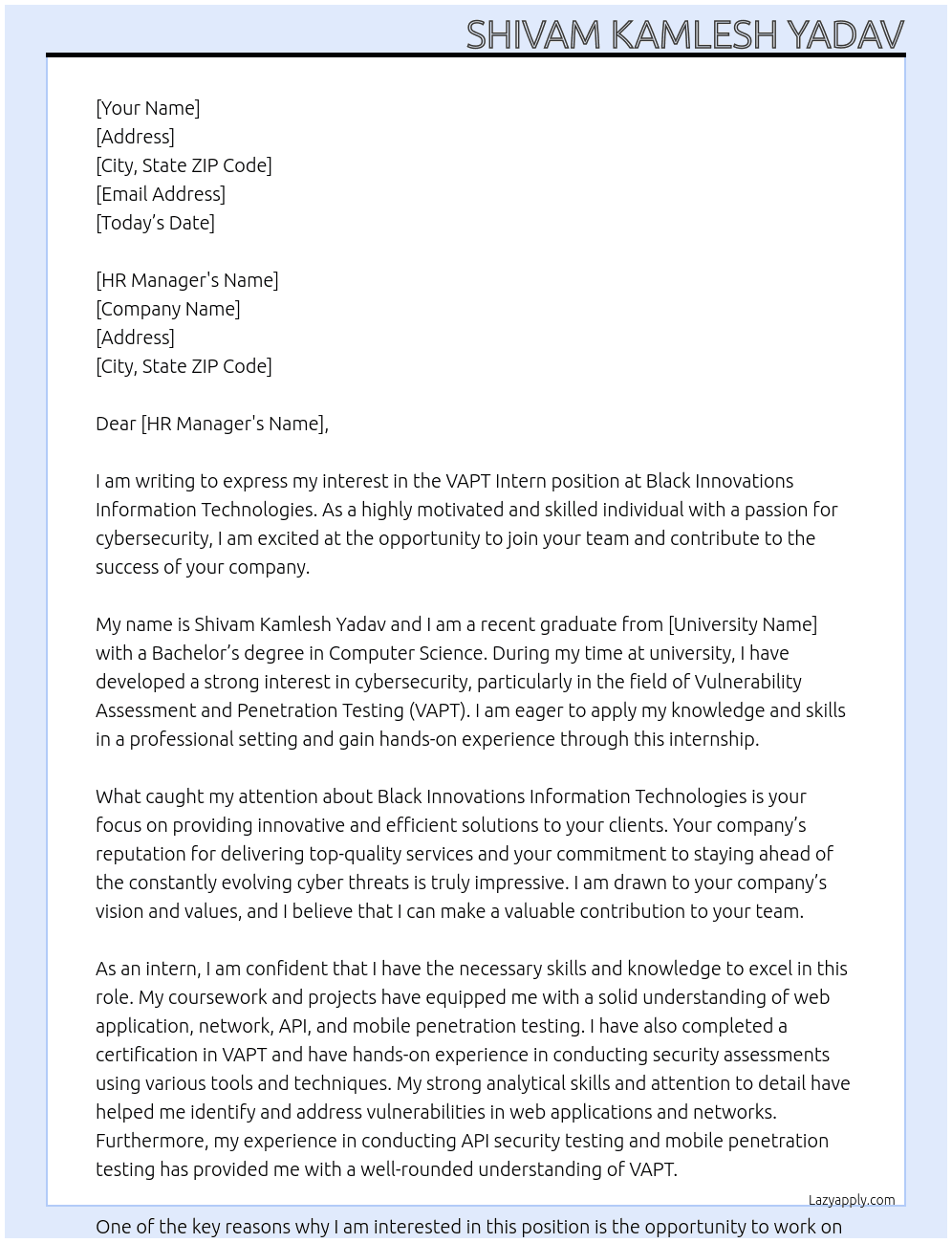 VAPT Intern  At Black Innovations Information Technologies Cover Letter