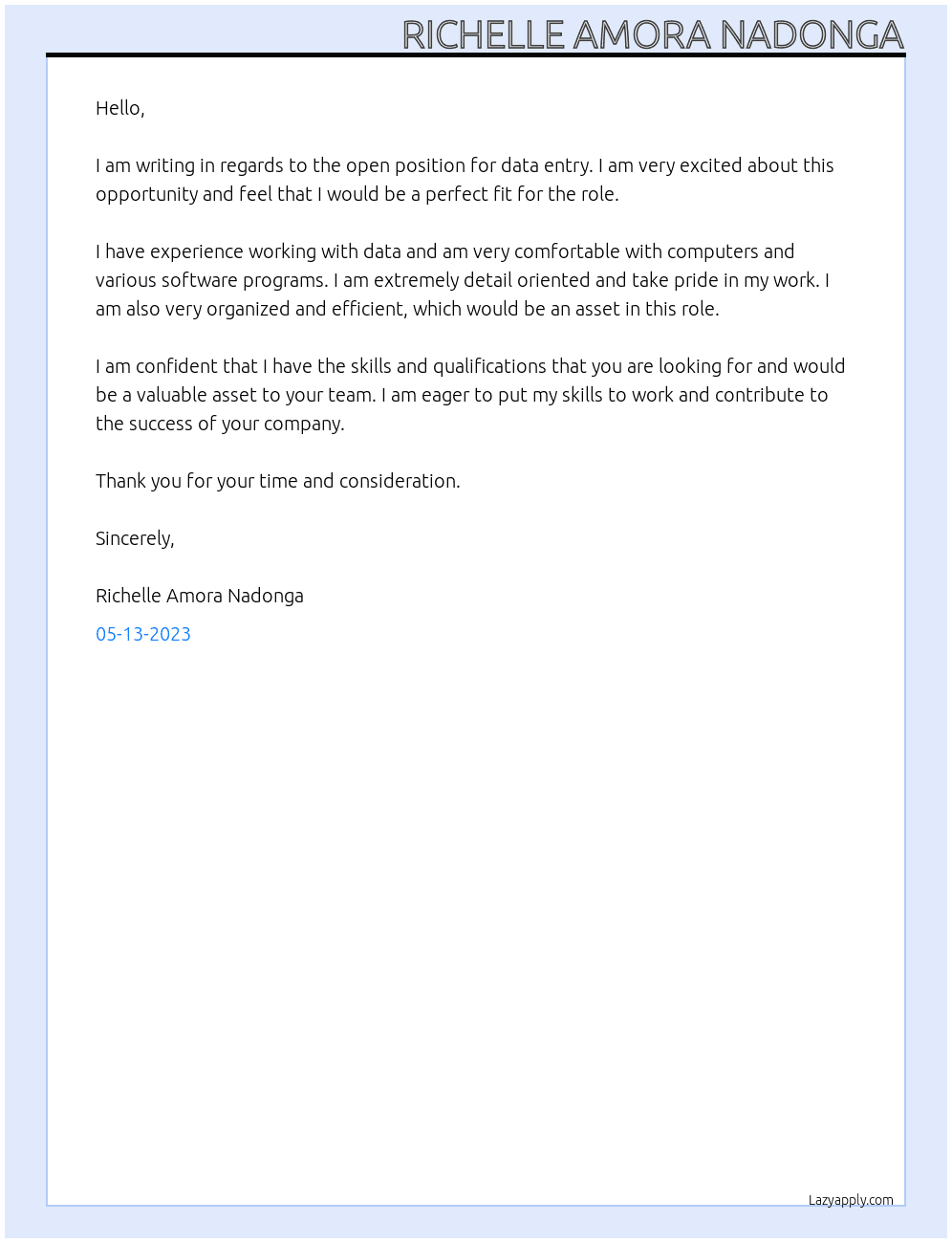 data entry  At Sir/Ma'am Cover Letter
