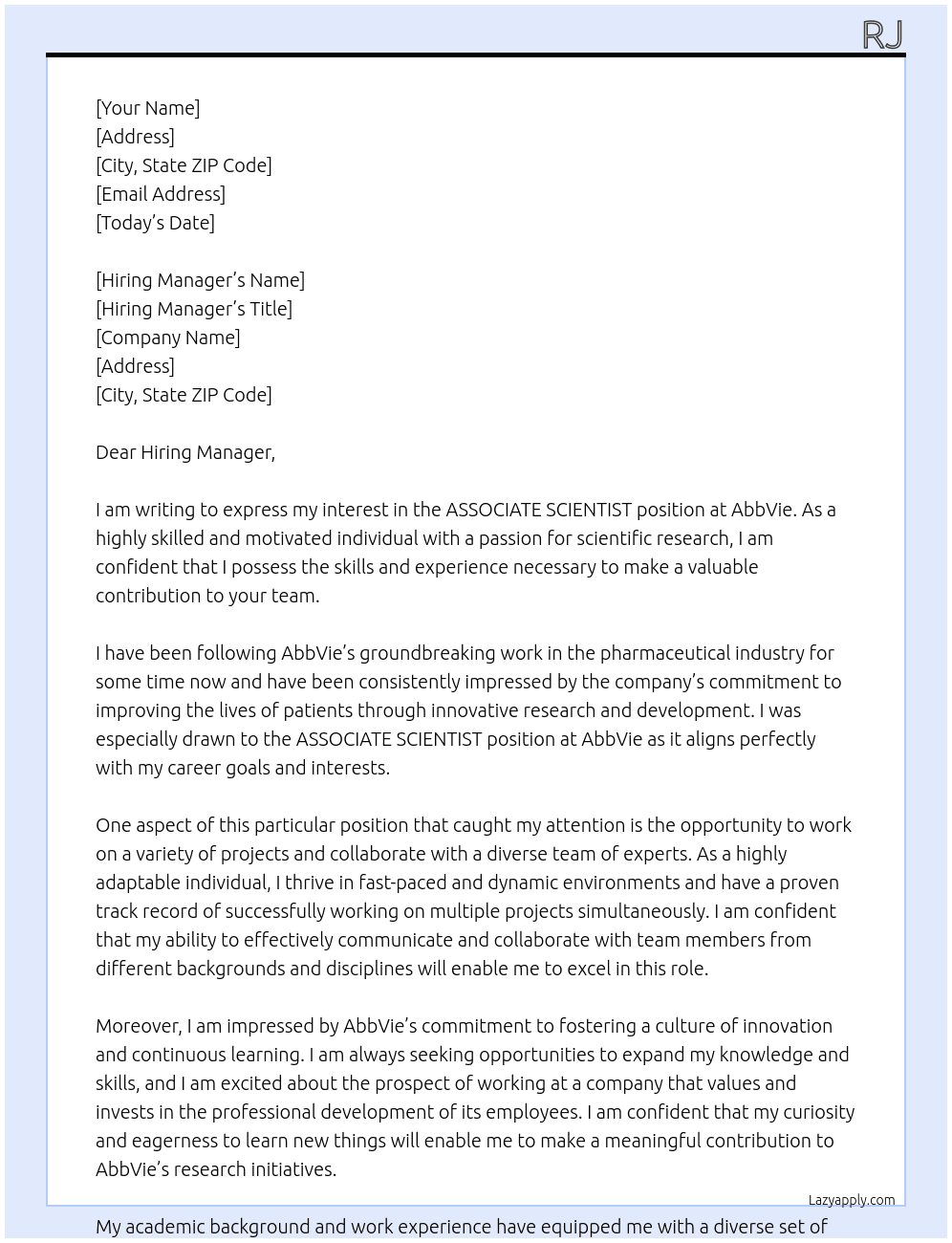 ASSOCIATE SCIENTIST At AbbVie Cover Letter