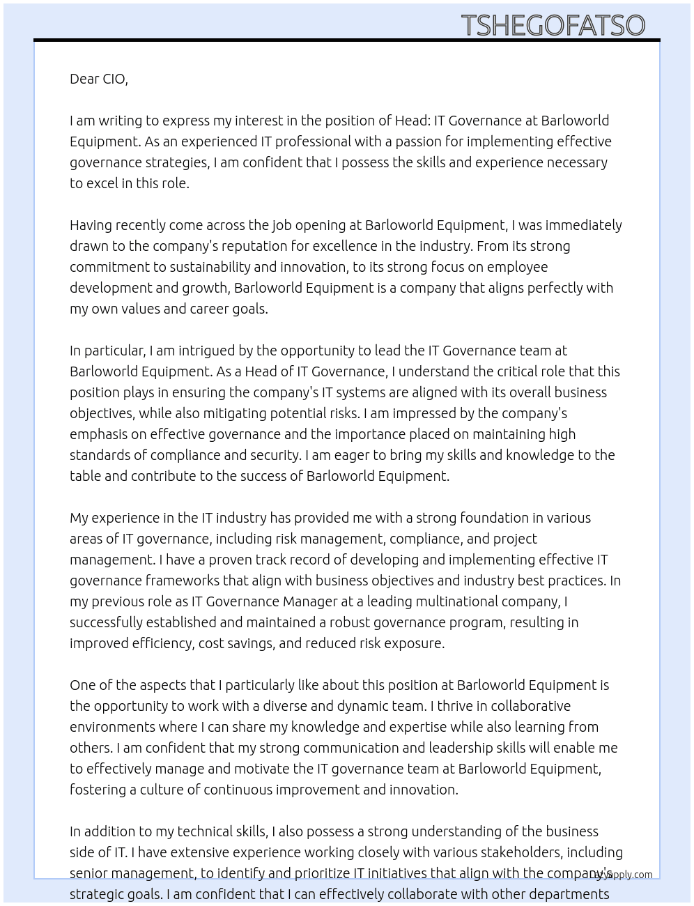 Head: IT Governance At Barloworld Equipment Cover Letter