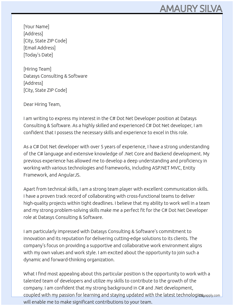 Cover letter for c# dot net developer - LazyApply