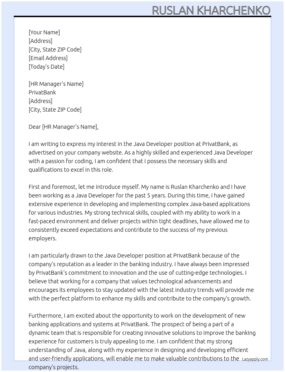 Java Developer At PrivatBank Cover Letter