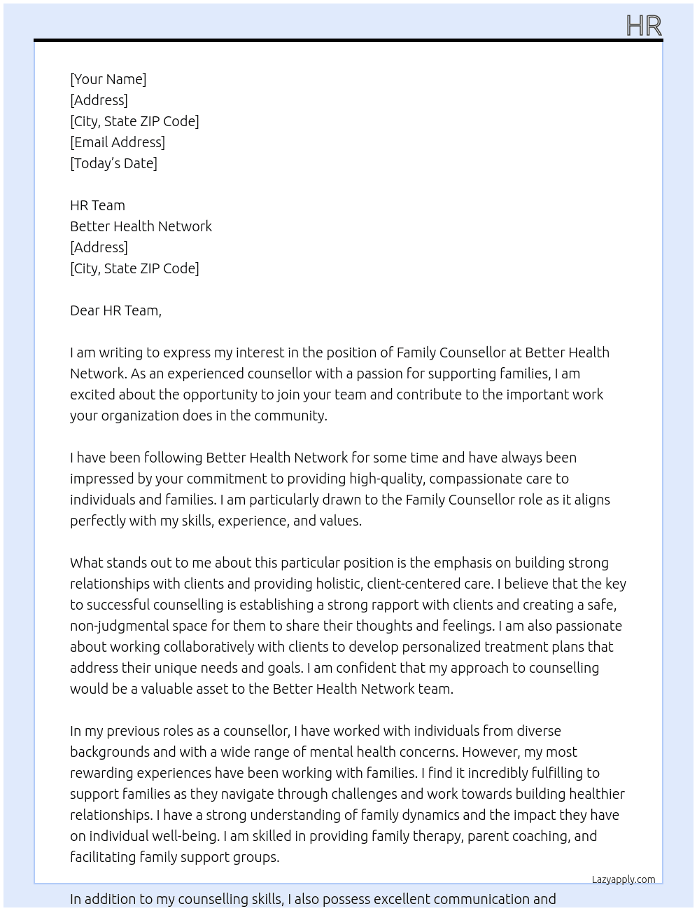 Family Counsellor At Better Health Network Cover Letter
