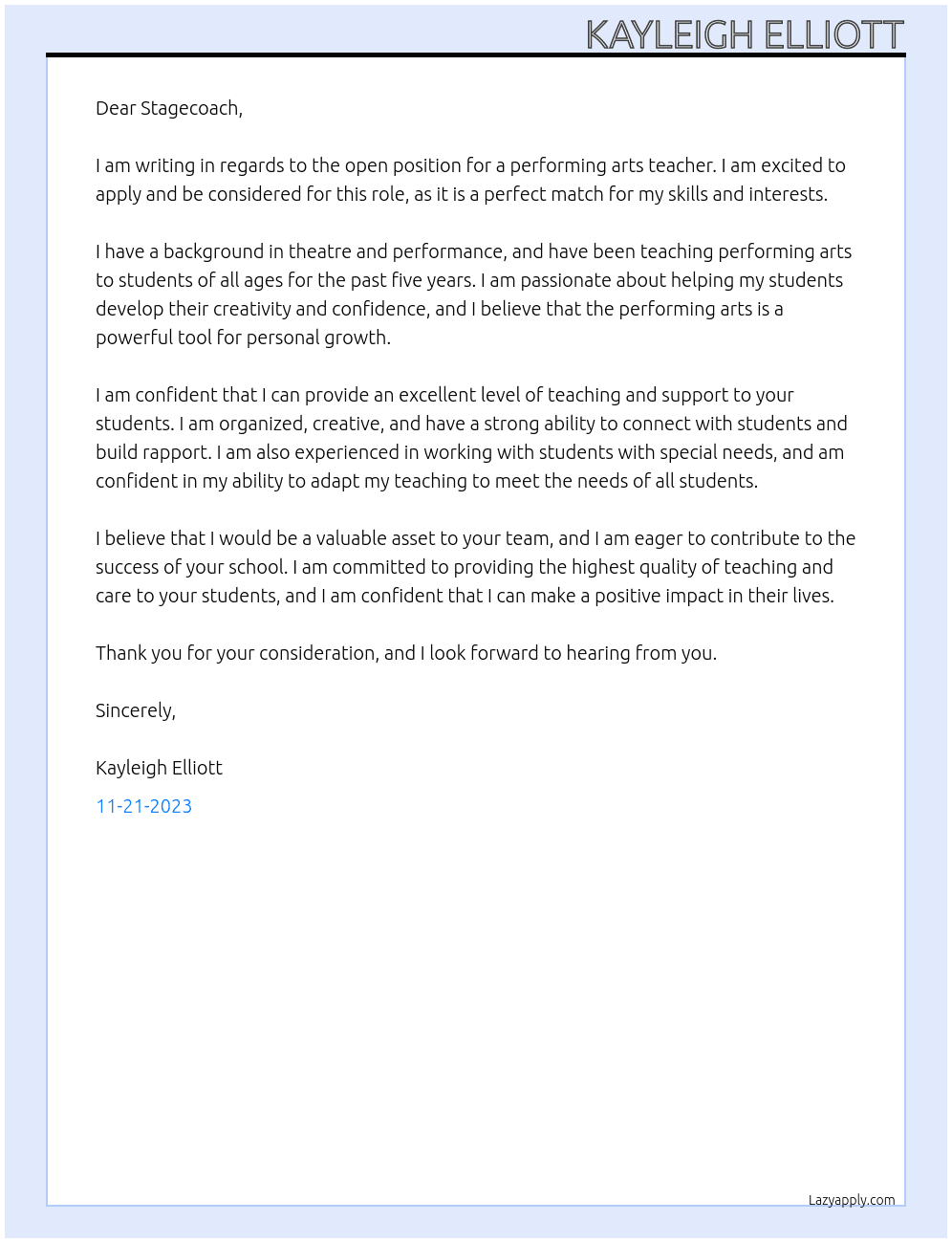 performing arts teacher At Stagecoach Cover Letter