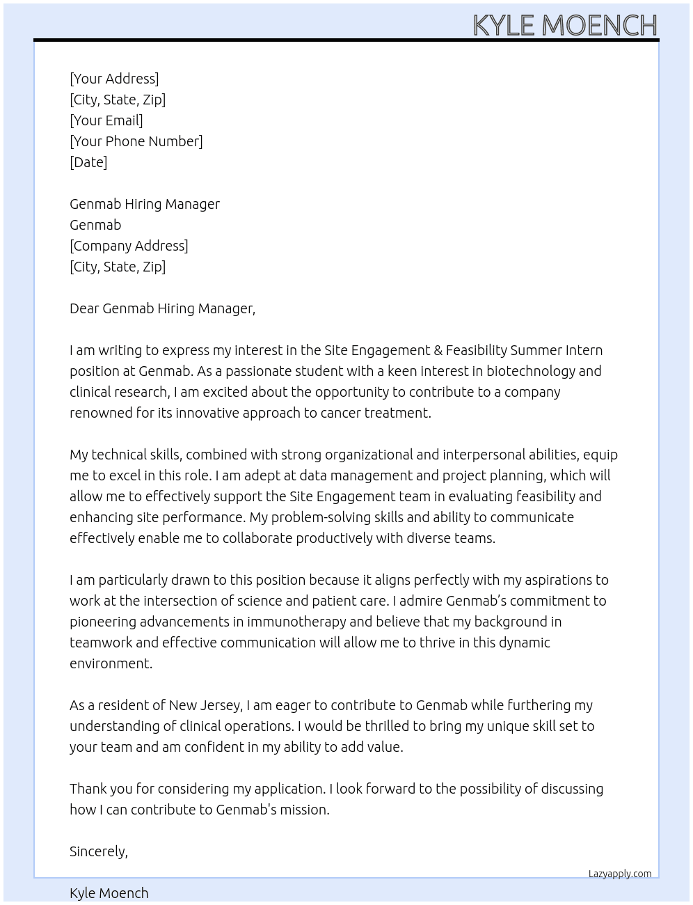 Site Engagement & Feasibility Summer Intern At Genmab Cover Letter
