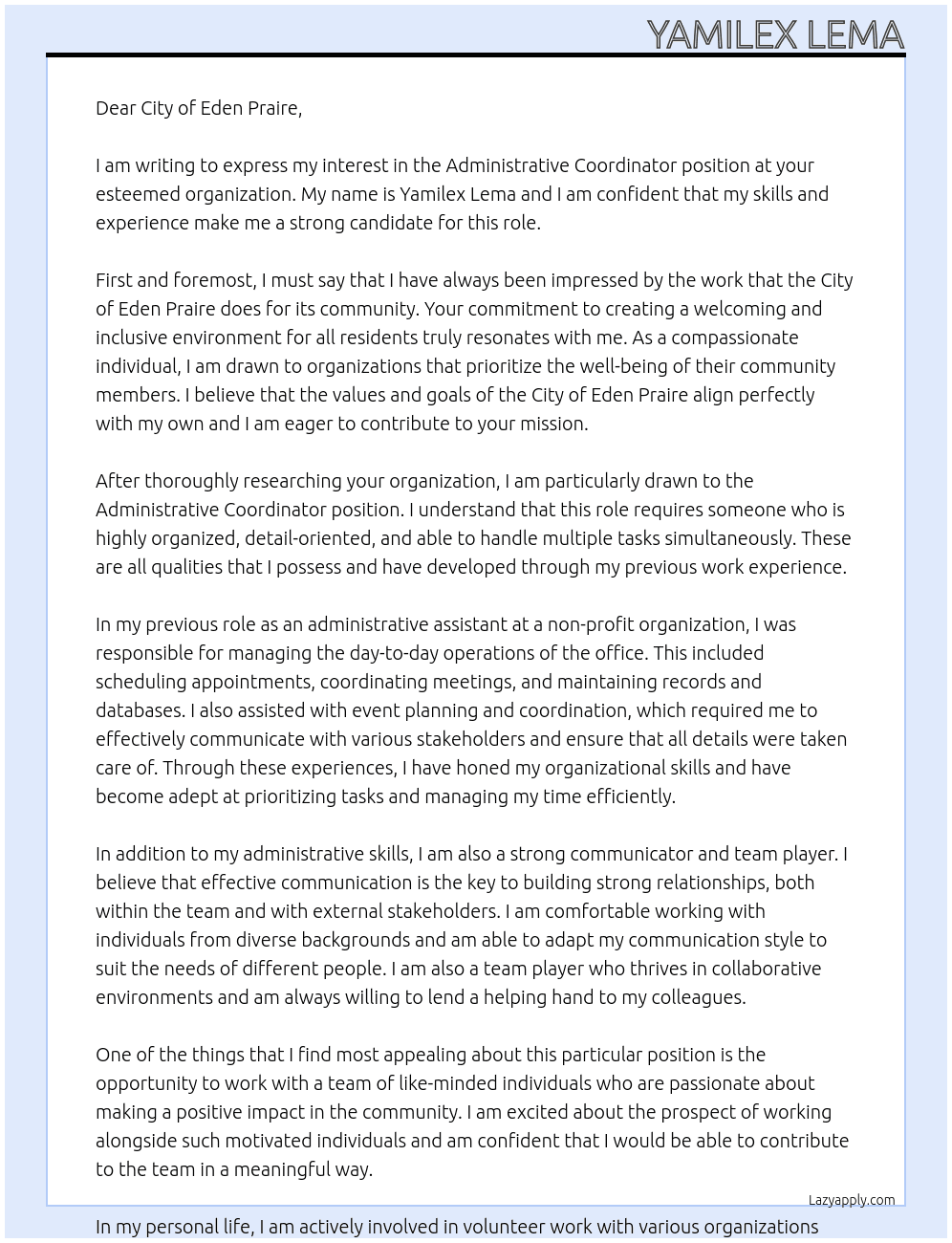 Administrative Cordinator At City of Eden Praire Cover Letter