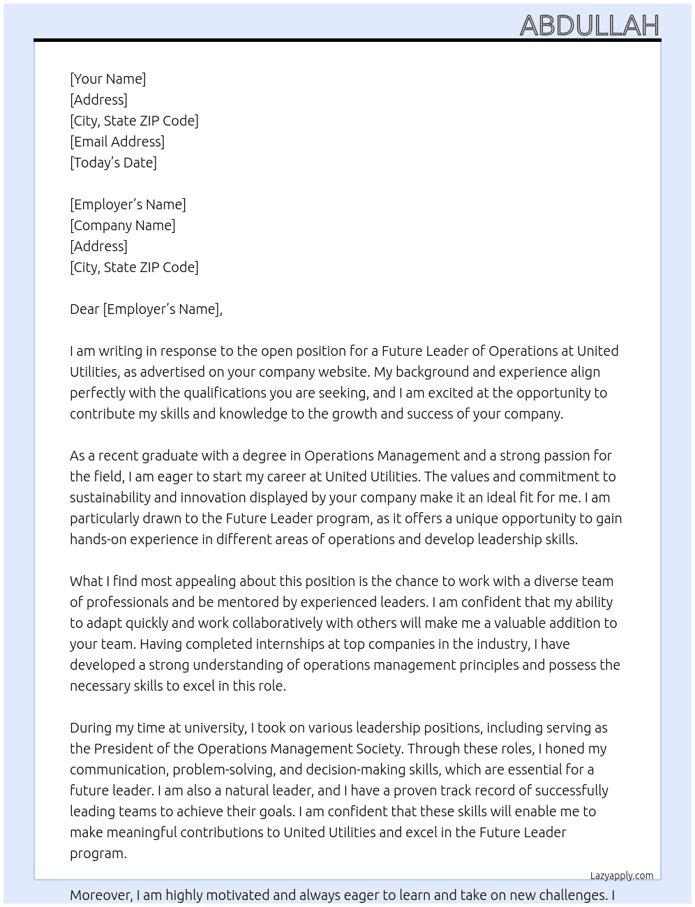 future leader operations At United Utilities Cover Letter