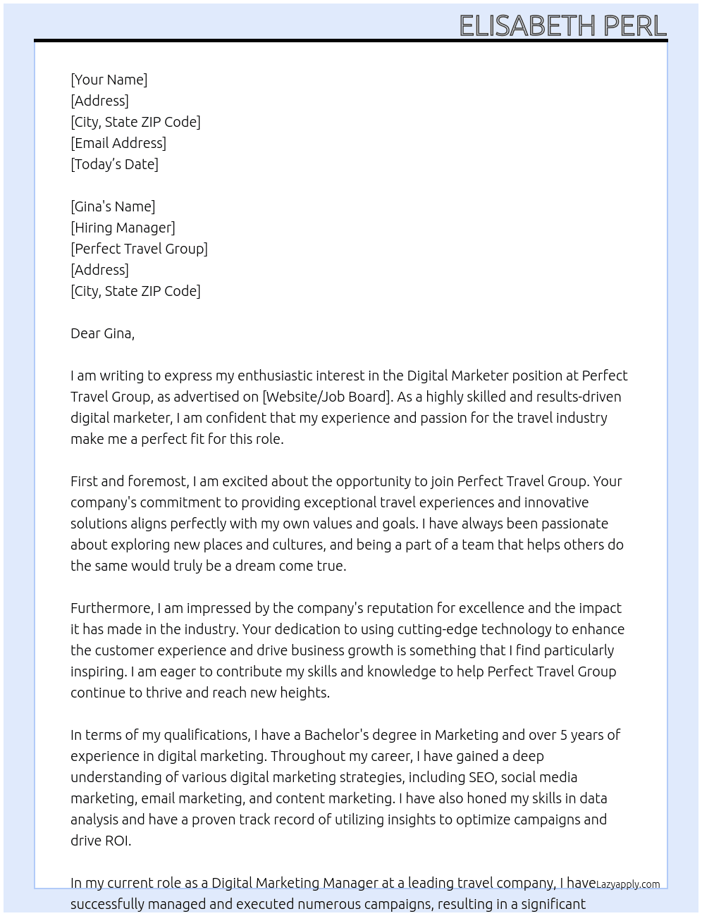 Digital Marketer At Perfect Travel Group Cover Letter