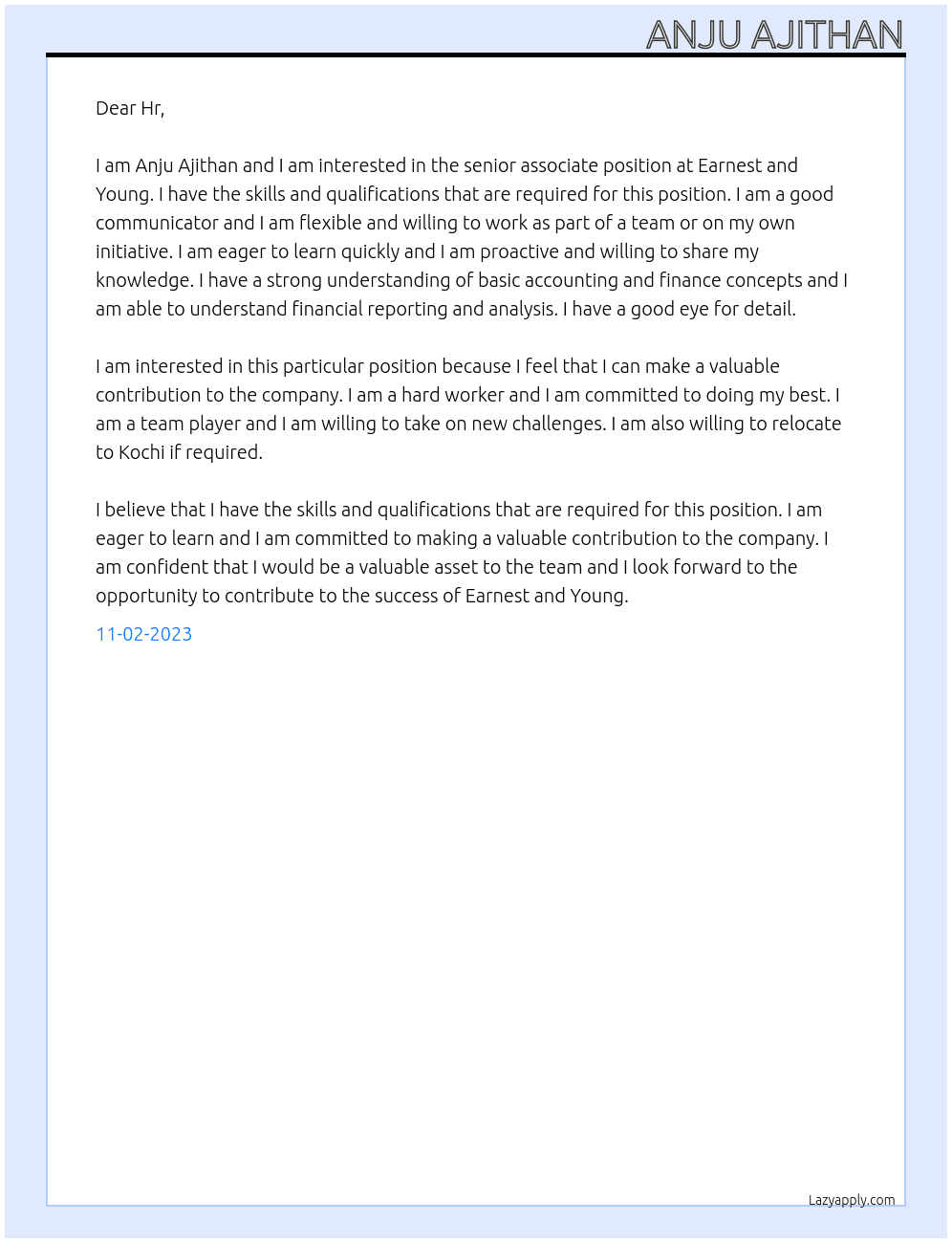 senior associate  At earnest and yound Cover Letter