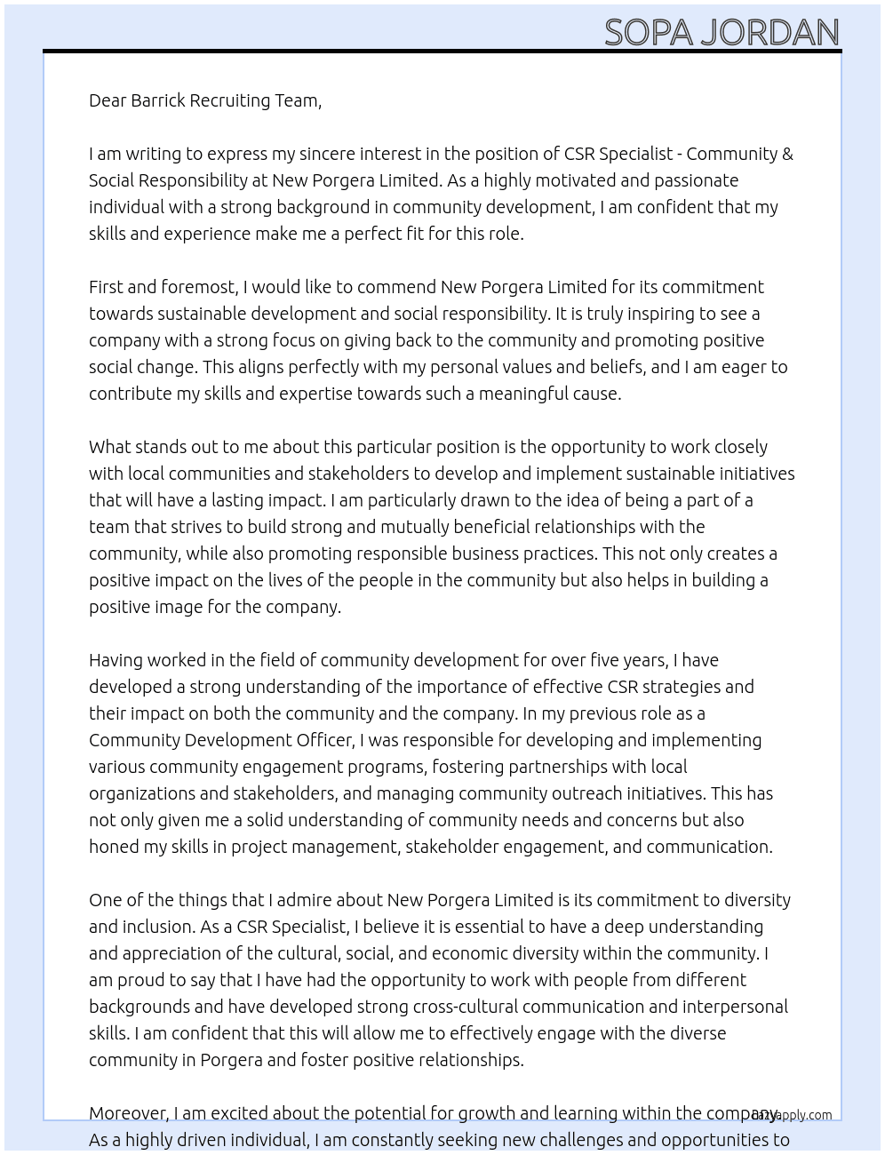 CSR Specialist – Community & Social Responsibility At New Porgera Limited Cover Letter