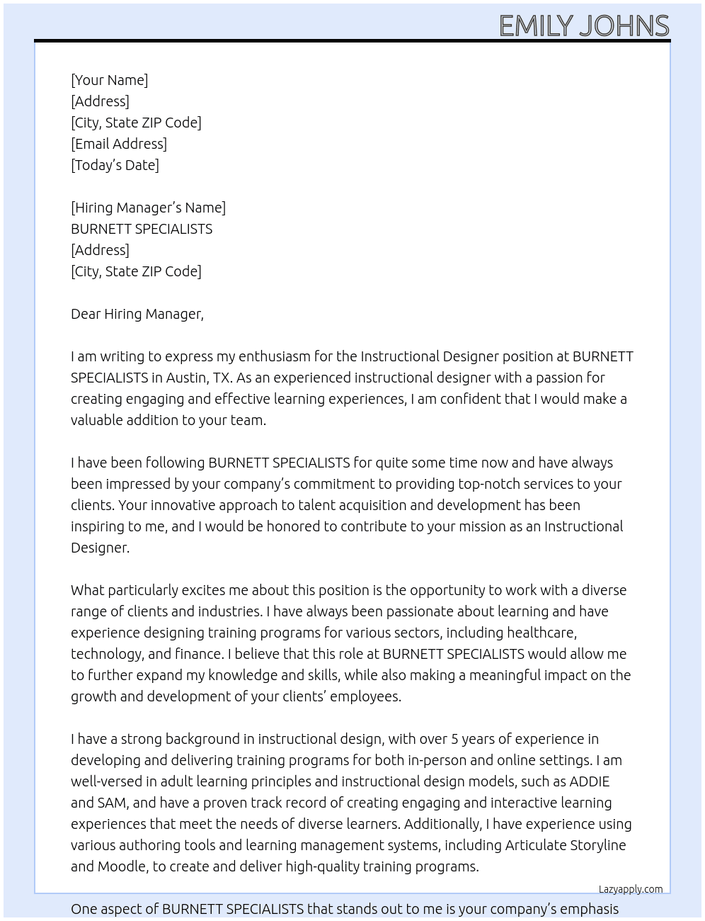 Instructional Designer  At BURNETT SPECIALISTS Cover Letter
