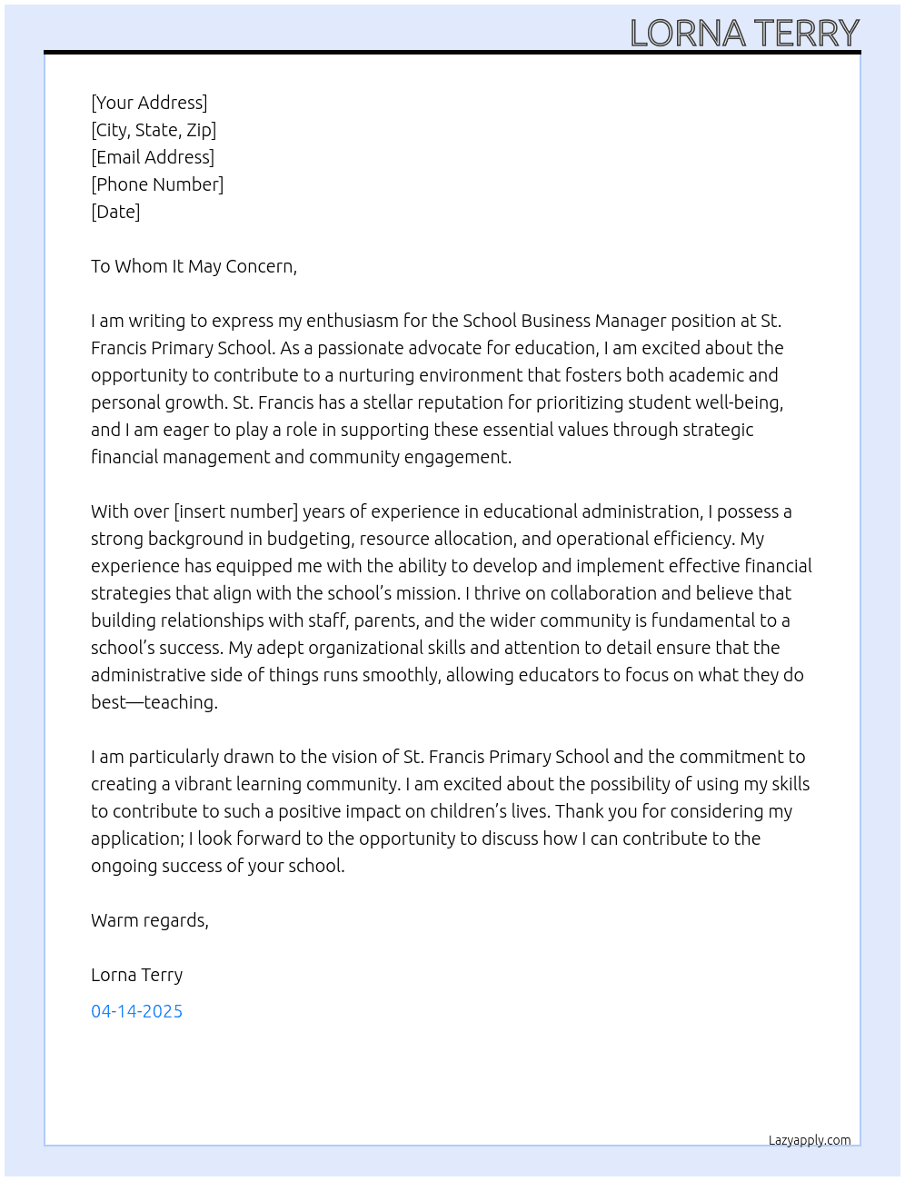 School Business Manager At St Francis Prmchool Cover Letter