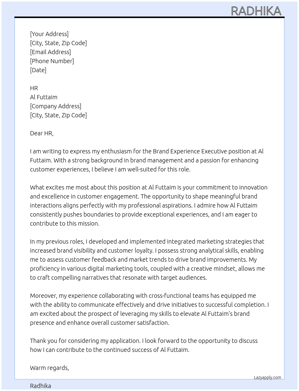 Brand experience executive  At Al futtaim- Cover Letter