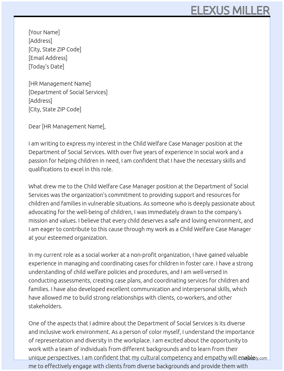 Child Welfare Case Manager  At Department of Social Services  Cover Letter