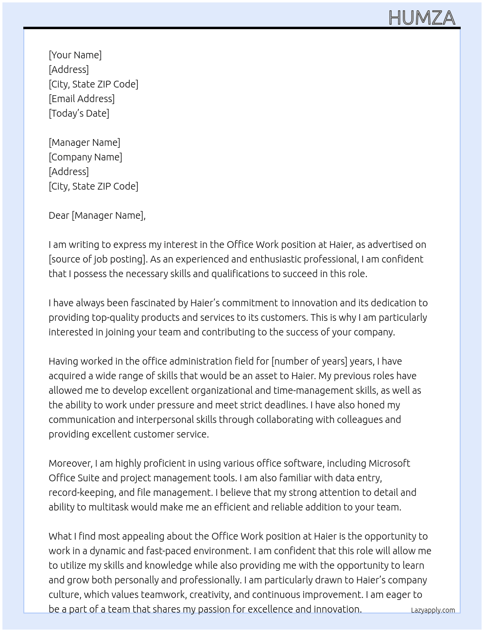 Office work At Haier Cover Letter