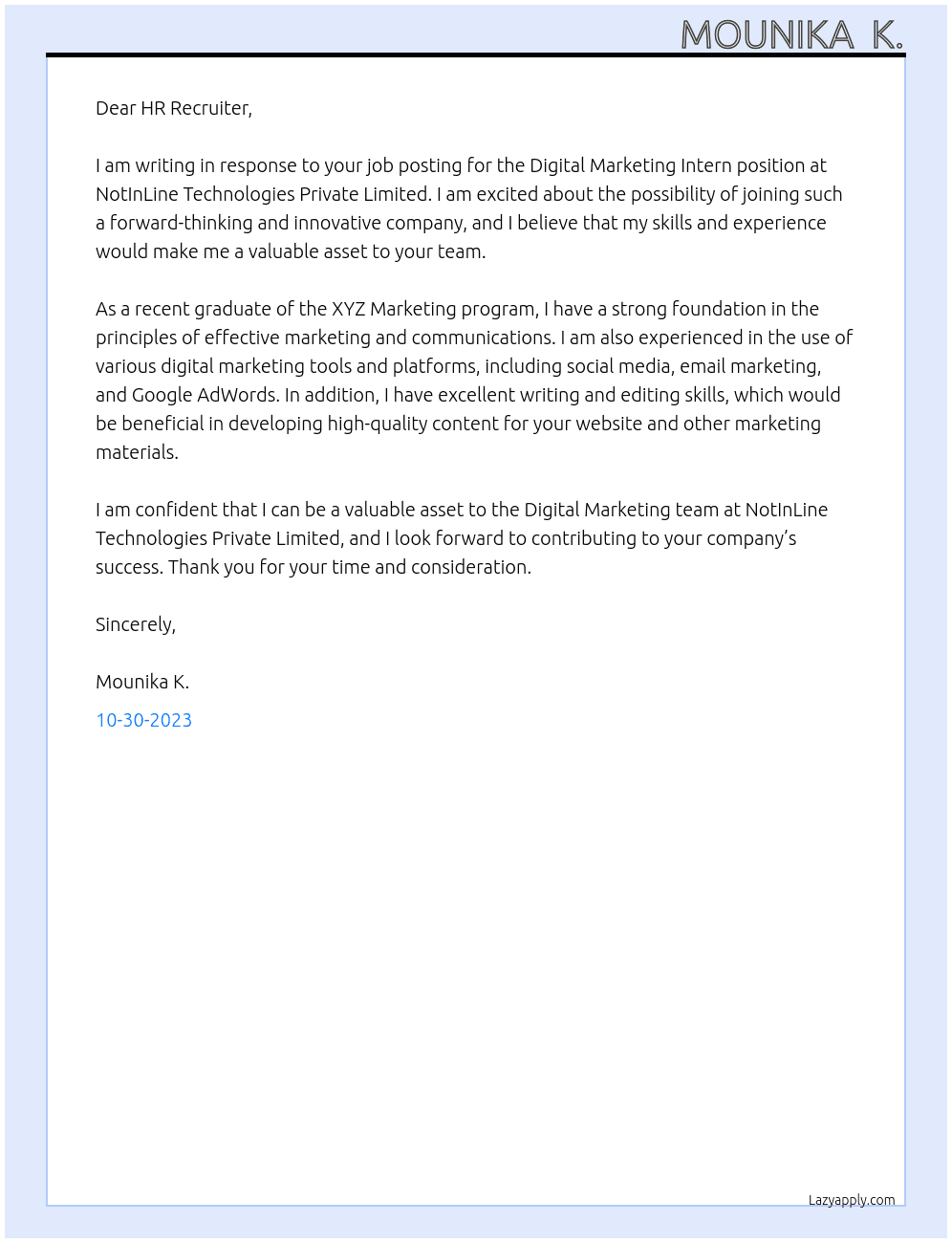 Digital marketing At NotInLine Technologies Private Limited Cover Letter