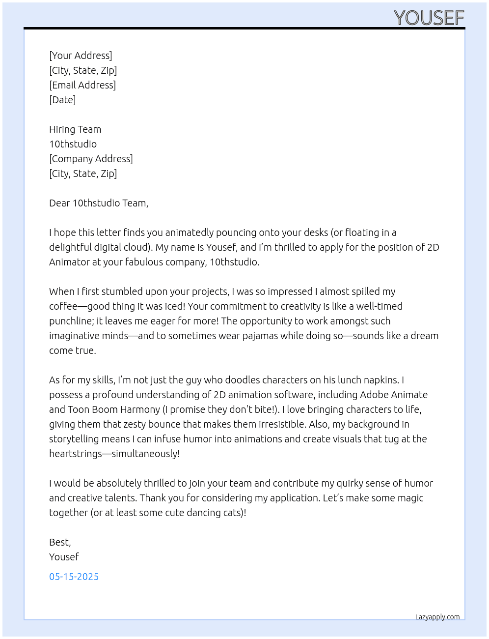 Cover letter for 2d animator - LazyApply