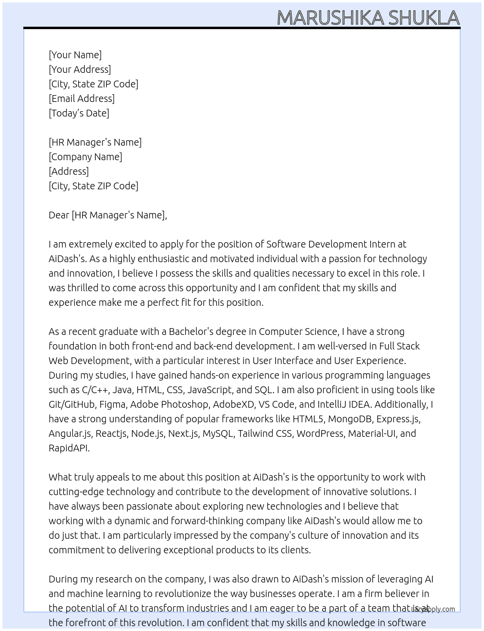 software devlopement intern  At AiDash's Cover Letter