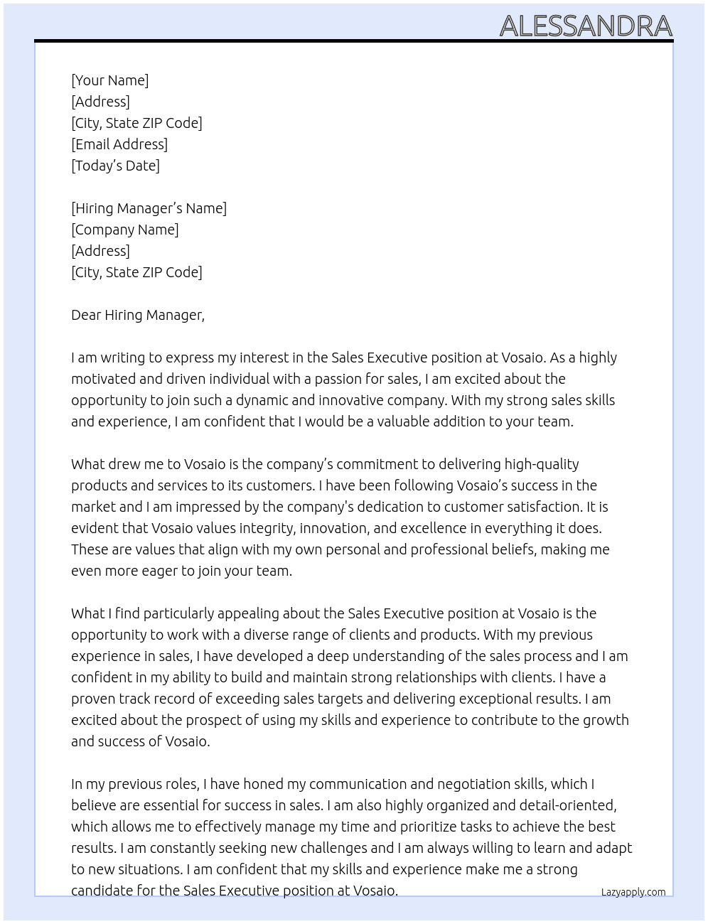 Sales Executive At Vosaio Cover Letter